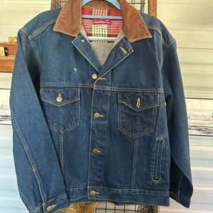 Men's Dark Blue Denim Jacket with Brown Collar by Blank